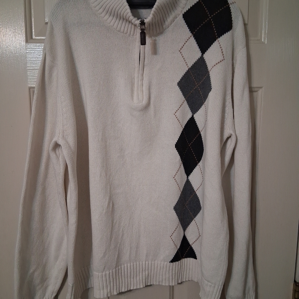 OSCAR DE LA RENTA Men's SZ XL 100% Cotton 1/4 Zip Ivory Muliti Argyle Sweater